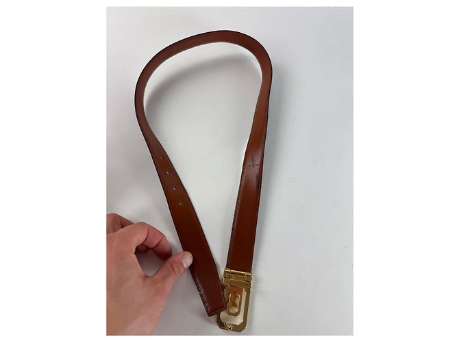 Céline Cintura in pelle vintage Celine Paris con logo carrozza nero e marrone - vista 5