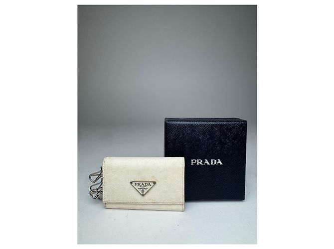 Saffiano Vintage Prada Triangle Leather Key/Card Holder White - view 12
