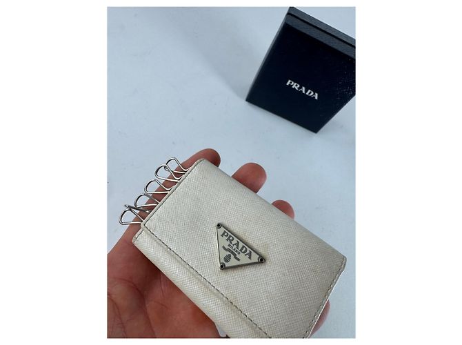 Saffiano Vintage Prada Triangle Leather Key/Card Holder White - view 3