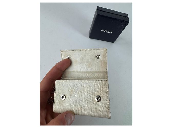 Saffiano Vintage Prada Triangle Leather Key/Card Holder White - view 4