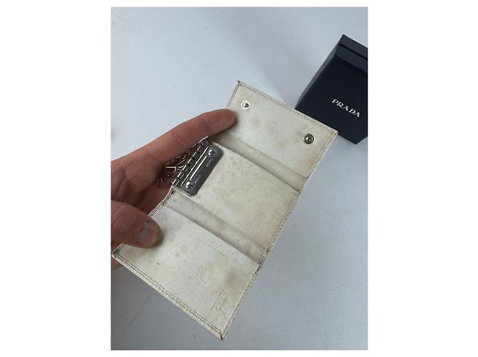 Saffiano Vintage Prada Triangle Leather Key/Card Holder White - view 5