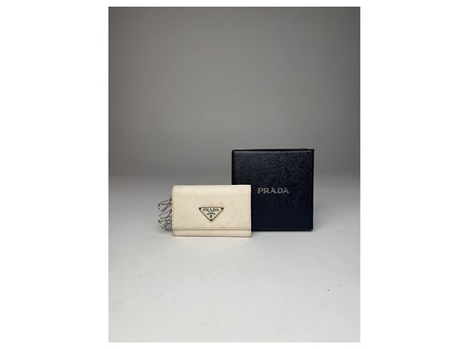 Saffiano Vintage Prada Triangle Leather Key/Card Holder White - view 7