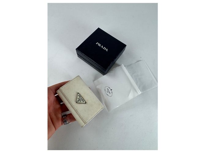 Saffiano Vintage Prada Triangle Leather Key/Card Holder White - view 9