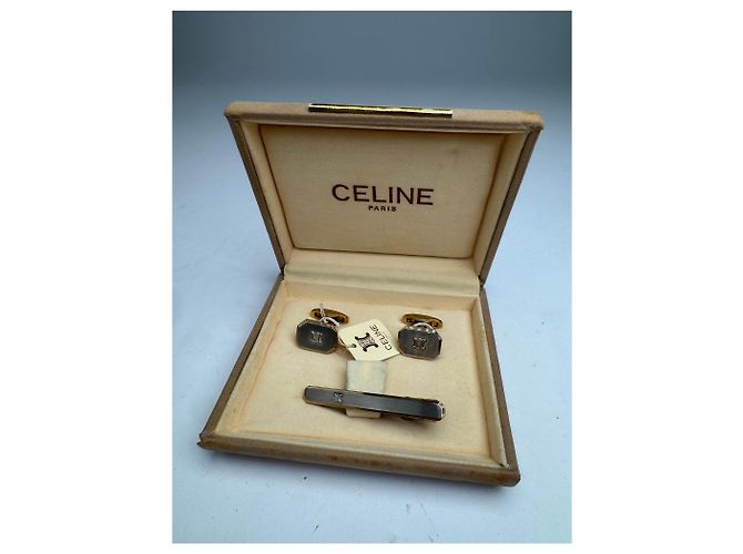 Céline Set di fermagli metallici logo Triomphe vintage Celine Paris, gemelli argento oro D'oro - vista 2