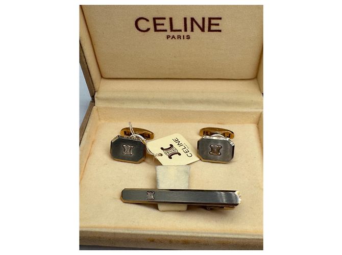 Céline Set di fermagli metallici logo Triomphe vintage Celine Paris, gemelli argento oro D'oro - vista 6
