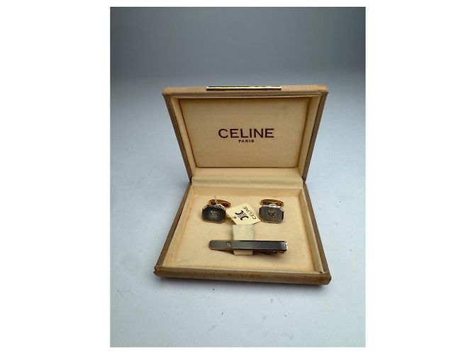 Céline Set di fermagli metallici logo Triomphe vintage Celine Paris, gemelli argento oro D'oro - vista 9