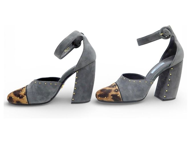 NUOVE SCARPE CON TACCO PRADA CON CINTURINI 40 IN CAMOSCIO E PELLE DI LEOPARDO Grigio - vista 2