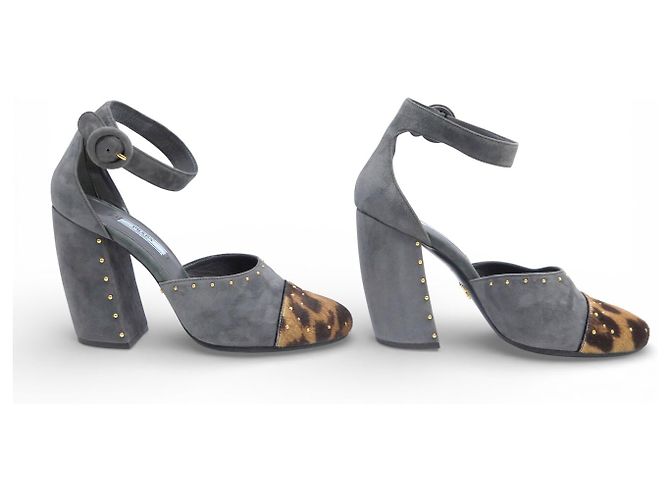 NUOVE SCARPE CON TACCO PRADA CON CINTURINI 40 IN CAMOSCIO E PELLE DI LEOPARDO Grigio - vista 3