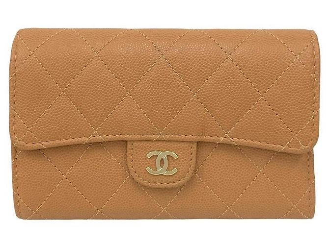 Portafoglio tri-fold in pelle caviar matelassé Chanel Marrone Beige - vista 2