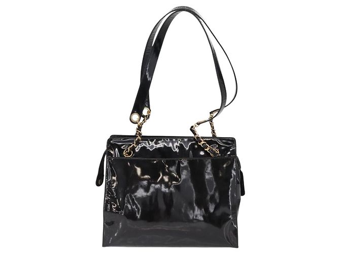 Chanel Vintage Timeless Chain Schultertasche aus Lackleder Medium Schwarz - Ansicht 2
