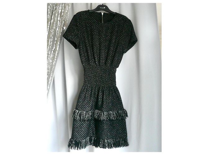 MAJE Graues Tweed-Kleid mit Fransen Neuzustand Größe 1 Schwarz - Ansicht 12
