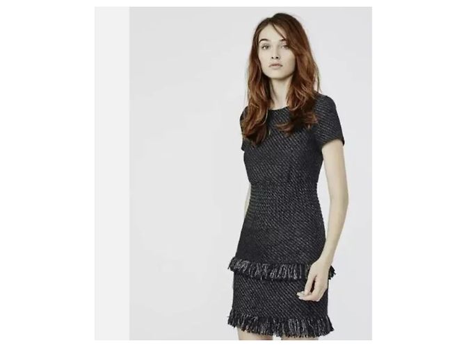 MAJE Graues Tweed-Kleid mit Fransen Neuzustand Größe 1 Schwarz - Ansicht 3