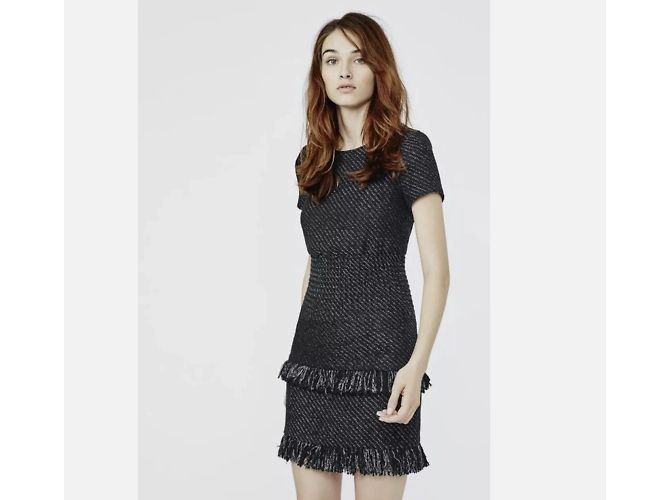 MAJE Graues Tweed-Kleid mit Fransen Neuzustand Größe 1 Schwarz - Ansicht 8