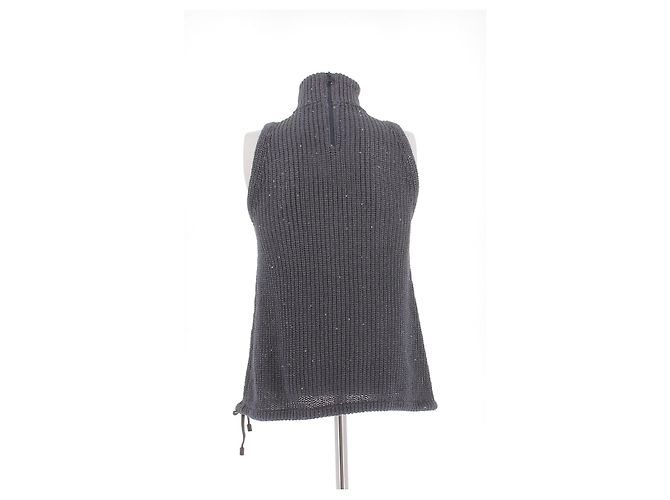 Ärmelloser Brunello Cucinelli Rollkragenpullover aus Leinenmix Grau mit Strass - Ansicht 2