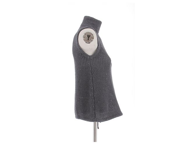 Ärmelloser Brunello Cucinelli Rollkragenpullover aus Leinenmix Grau mit Strass - Ansicht 3