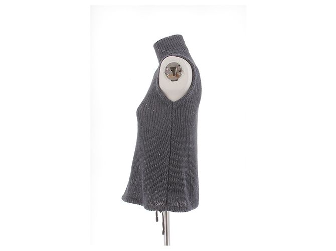 Ärmelloser Brunello Cucinelli Rollkragenpullover aus Leinenmix Grau mit Strass - Ansicht 4