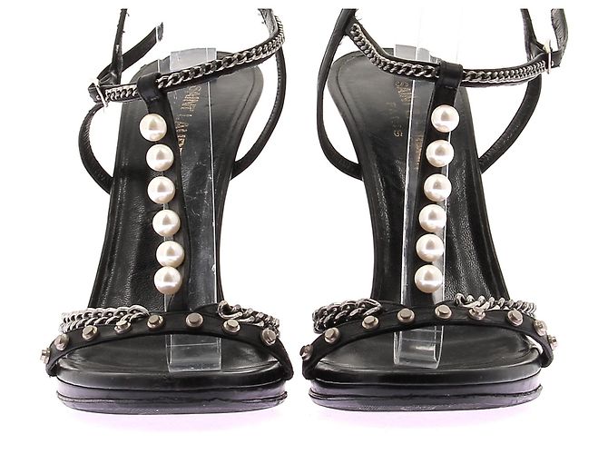Décolleté Saint Laurent in pelle nera con perle e borchie Nero - vista 8