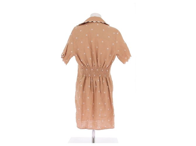 Vestido corto Magali Pascal de lino marrón con bordado blanco Castaño - vista 2