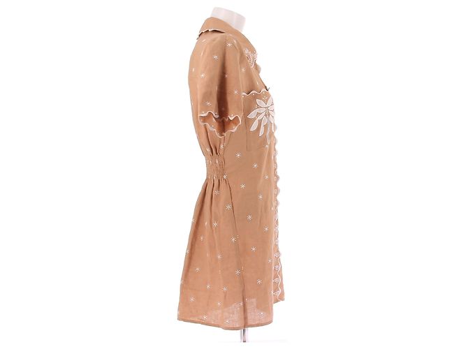 Vestido corto Magali Pascal de lino marrón con bordado blanco Castaño - vista 3