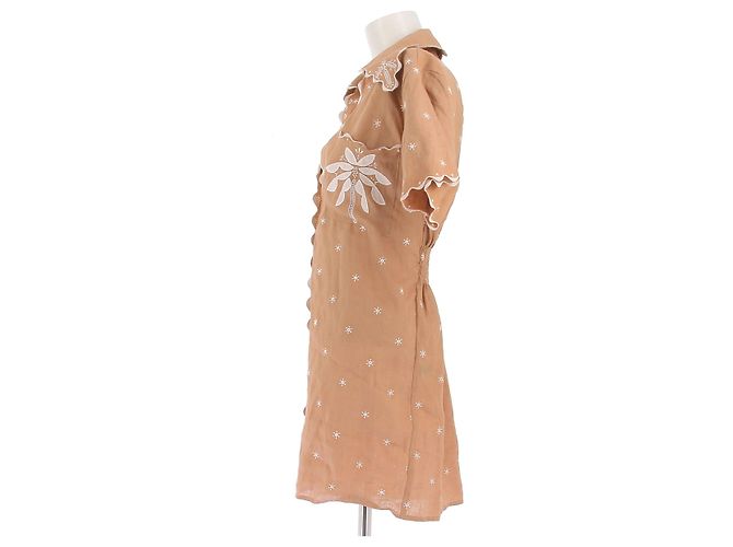 Vestido corto Magali Pascal de lino marrón con bordado blanco Castaño - vista 4
