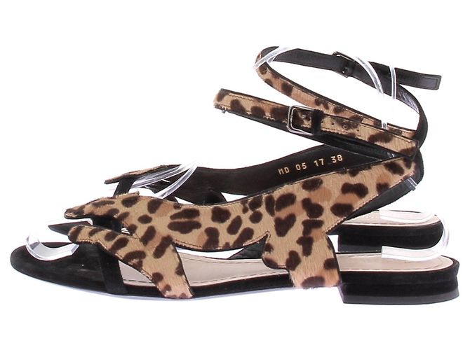 Sandali piatti Dior stampa leopardata scamosciati e pelliccia beige 38 - vista 3