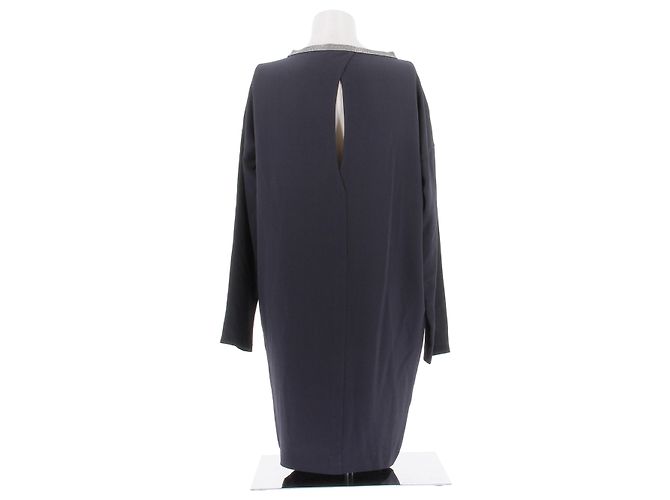 Vestido midi de seda azul marino Brunello Cucinelli con cuello de perlas - vista 2