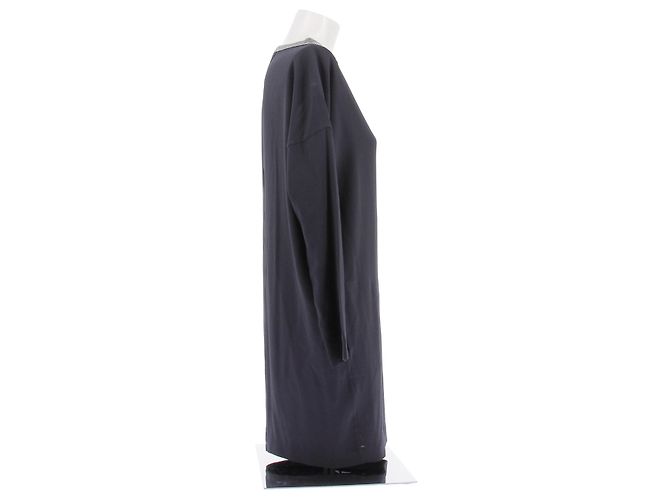 Vestido midi de seda azul marino Brunello Cucinelli con cuello de perlas - vista 3