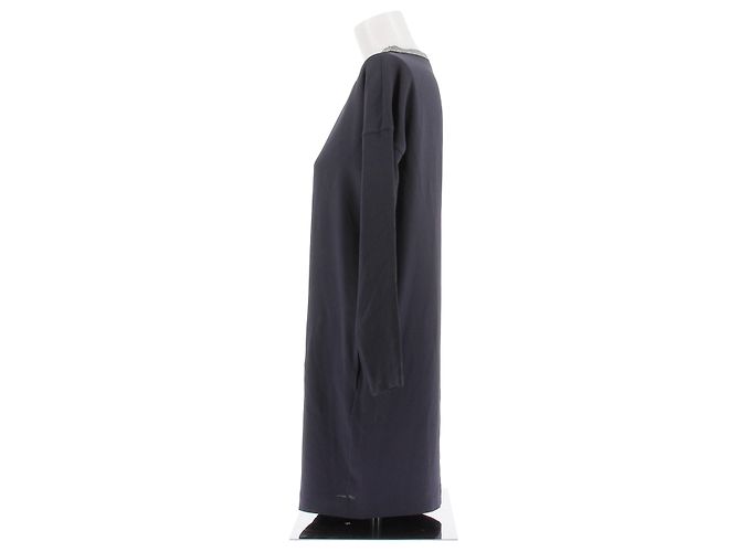 Vestido midi de seda azul marino Brunello Cucinelli con cuello de perlas - vista 4