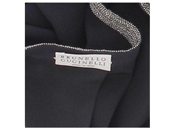 Vestido midi de seda azul marino Brunello Cucinelli con cuello de perlas - vista 5