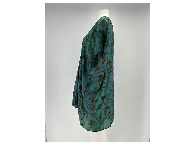 Autre Marque Vestido sarong de seda verde con patrón geométrico - vista 4