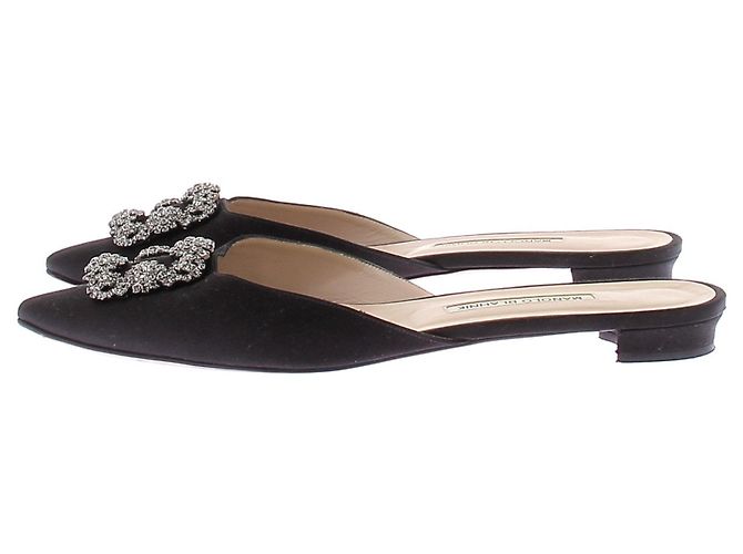 Manolo Blahnik Satin Mules Schwarz mit silberner Strassschnalle - Ansicht 3