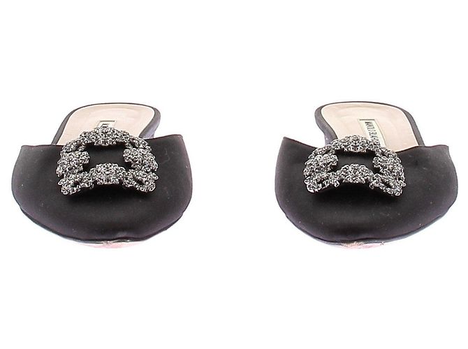 Manolo Blahnik Satin Mules Schwarz mit silberner Strassschnalle - Ansicht 4
