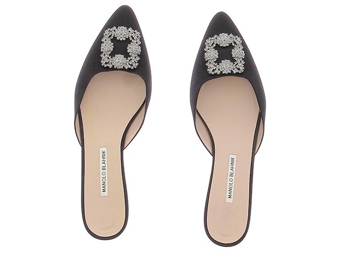 Manolo Blahnik Satin Mules Schwarz mit silberner Strassschnalle - Ansicht 6