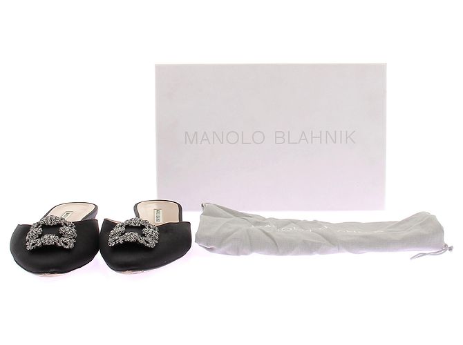 Manolo Blahnik Satin Mules Schwarz mit silberner Strassschnalle - Ansicht 8