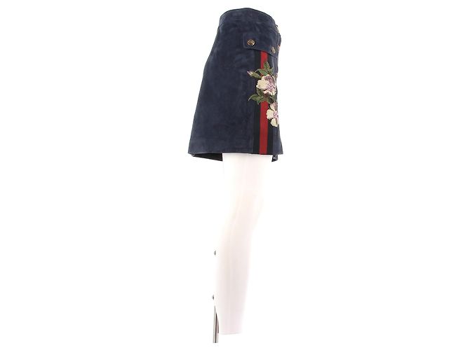 Falda Gucci de lana azul marino con bordado floral - vista 3