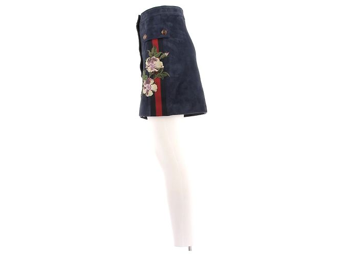Falda Gucci de lana azul marino con bordado floral - vista 4