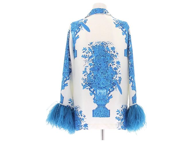 Blazer Valentino Garavani de seda estampado branco e azul com penas - vista 2