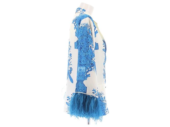 Blazer Valentino Garavani de seda estampado branco e azul com penas - vista 3