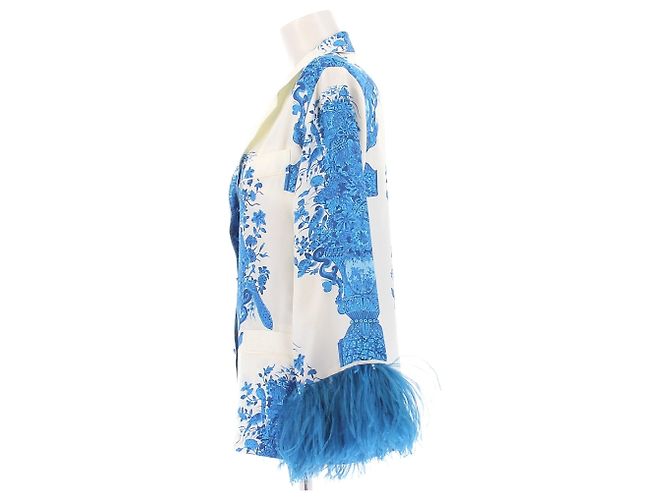 Blazer Valentino Garavani de seda estampado branco e azul com penas - vista 4