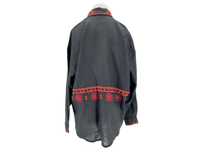 Autre Marque Camicia ETNODIUM in lino nero con ricamo rosso - vista 2