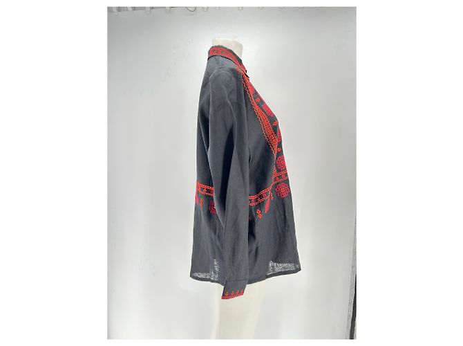 Autre Marque Camicia ETNODIUM in lino nero con ricamo rosso - vista 3
