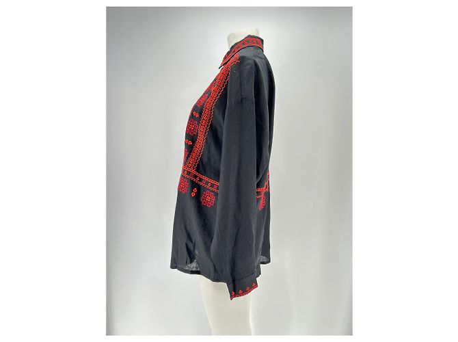 Autre Marque Camicia ETNODIUM in lino nero con ricamo rosso - vista 4