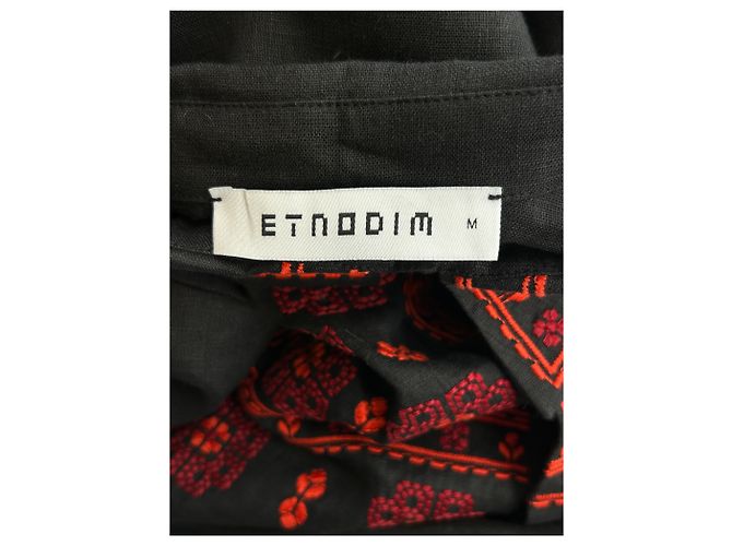 Autre Marque Camicia ETNODIUM in lino nero con ricamo rosso - vista 5