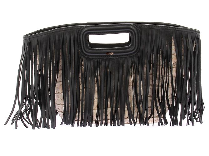 Maje Fransenhandtasche aus Raphia und Leder Schwarz - Ansicht 2