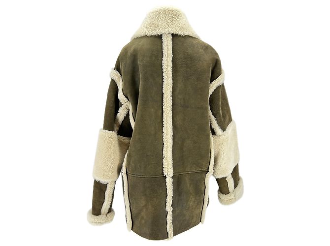 Drome Leder- und Kunstfellmantel Khaki - Ansicht 2