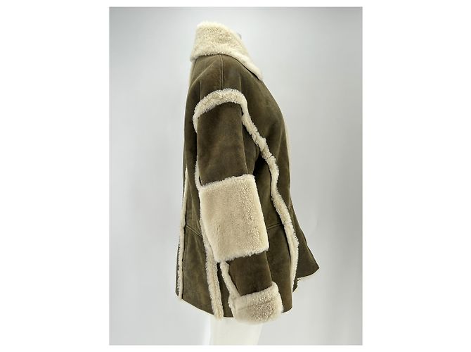 Drome Leder- und Kunstfellmantel Khaki - Ansicht 3