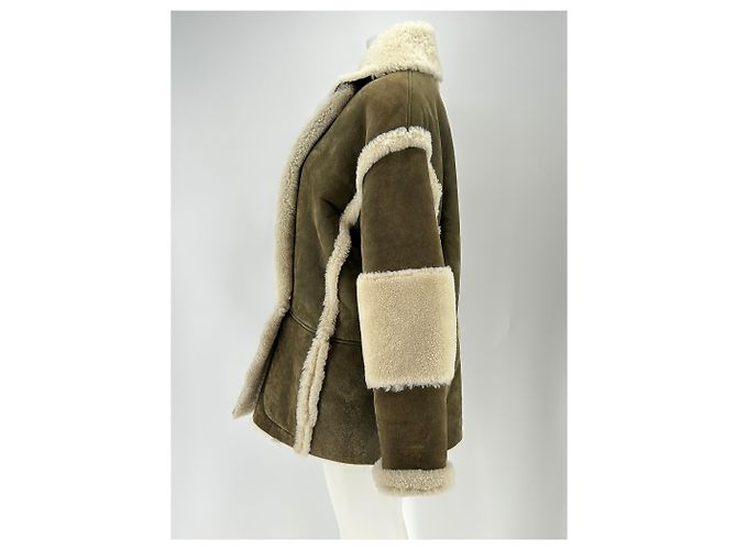 Drome Leder- und Kunstfellmantel Khaki - Ansicht 4
