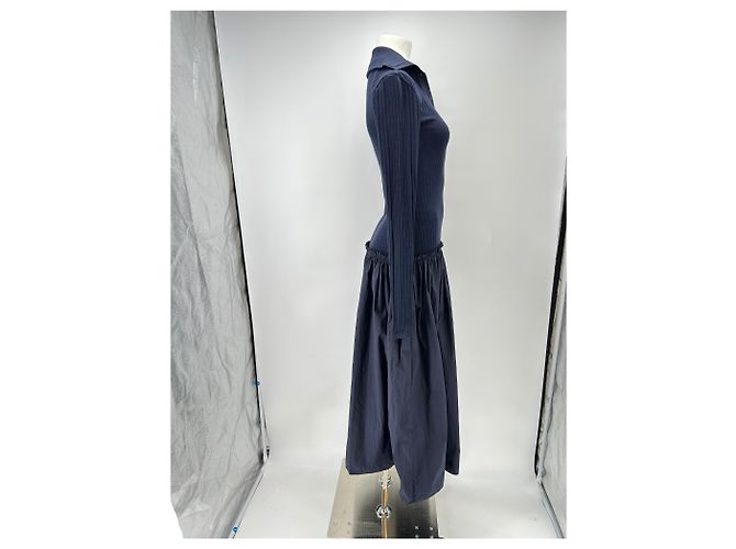 Autre Marque Langes marinefarbenes Kleid aus zwei Materialien Marineblau - Ansicht 3