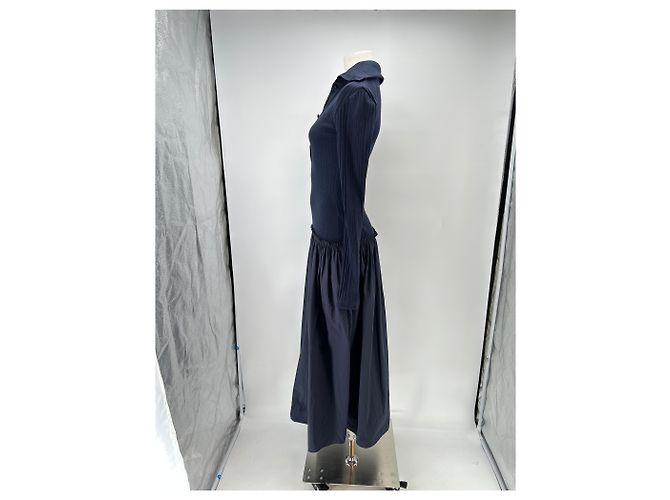 Autre Marque Langes marinefarbenes Kleid aus zwei Materialien Marineblau - Ansicht 4