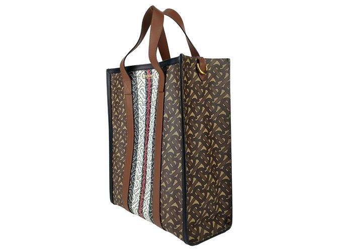 Burberry Small Monogram Stripe E-Canvas Portrait Tote Bag Braun - Ansicht 2